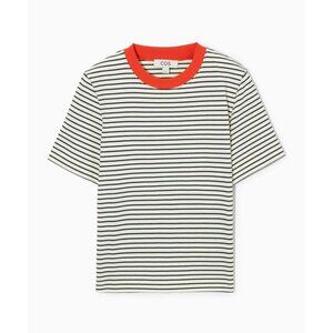 COS - Short Sleeve T-shirt - Black and White Stripes w/Orange